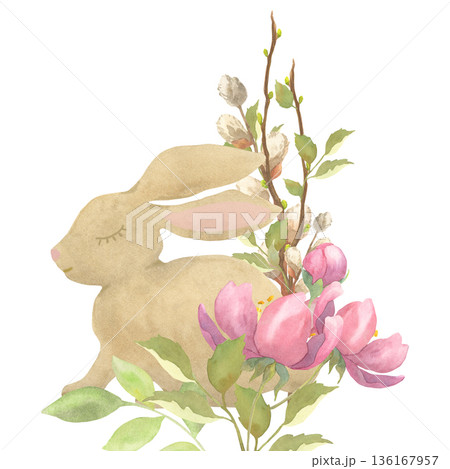 Watercolor Easter Bunny Illustration with Spring Flowers Watercolor Easter Bunny Illustration with Spring Flowers 136167957