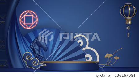 Year of the Horse ,China blue and golden Podium, minimal blue geometric design.3D rendering Year of the Horse ,China blue and golden Podium, minimal blue geometric design.3D rendering 136167981