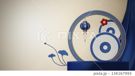 Year of the Horse ,China blue and golden Podium, minimal blue geometric design.3D rendering Year of the Horse ,China blue and golden Podium, minimal blue geometric design.3D rendering 136167993