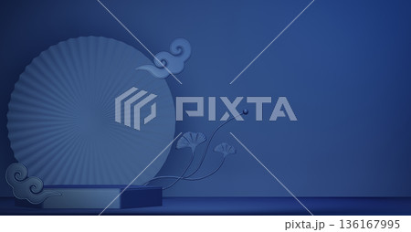 Year of the Horse ,China blue and golden Podium, minimal blue geometric design.3D rendering Year of the Horse ,China blue and golden Podium, minimal blue geometric design.3D rendering 136167995