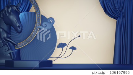 Year of the Horse ,China blue and golden Podium, minimal blue geometric design.3D rendering Year of the Horse ,China blue and golden Podium, minimal blue geometric design.3D rendering 136167996