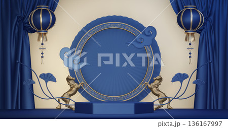 Year of the Horse ,China blue and golden Podium, minimal blue geometric design.3D rendering Year of the Horse ,China blue and golden Podium, minimal blue geometric design.3D rendering 136167997