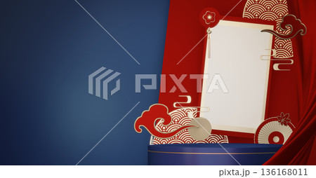 Year of the Horse ,China blue and golden Podium, minimal blue geometric design.3D rendering Year of the Horse ,China blue and golden Podium, minimal blue geometric design.3D rendering 136168011