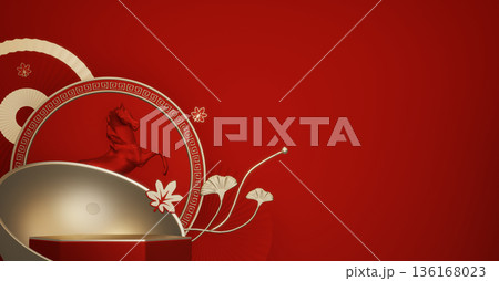 Year of the Horse ,Red Podium, minimal red geometric design.3D rendering Year of the Horse ,Red Podium, minimal red geometric design.3D rendering 136168023