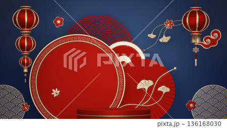 Blue and red concept Year of the Horse ,China Podium, minimal color two tone geometric design.3D rendering Blue and red concept Year of the Horse ,China Podium, minimal color two tone geometric design.3D rendering 136168030