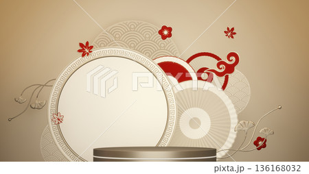 Golden Podium minimal geometric golden and red style abstract.3D rendering Golden Podium minimal geometric golden and red style abstract.3D rendering 136168032