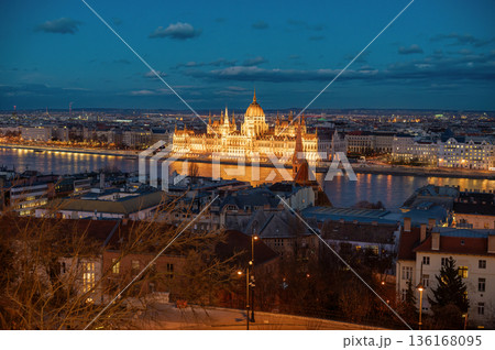 Panorama with building of Hungarian parliament at Danube river in Budapest city, Hungary 136168095