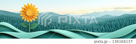 Vibrant Sunflower in a Stylized Landscape with Gentle Hills and Soft Colors at Sunrise 136168137