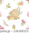 Seamless Easter Watercolor Pattern with Bunny, Eggs and Spring Flowers on White 136168153