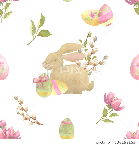 Seamless Easter Watercolor Pattern with Bunny, Eggs and Spring Flowers on White 136168153