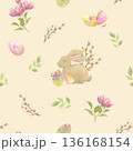 Spring Easter Watercolor Pattern with Eggs, Bunny and Flowers on Cream 136168154