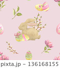 Spring Easter Watercolor Pattern with Eggs, Bunny and Flowers on Pink 136168155