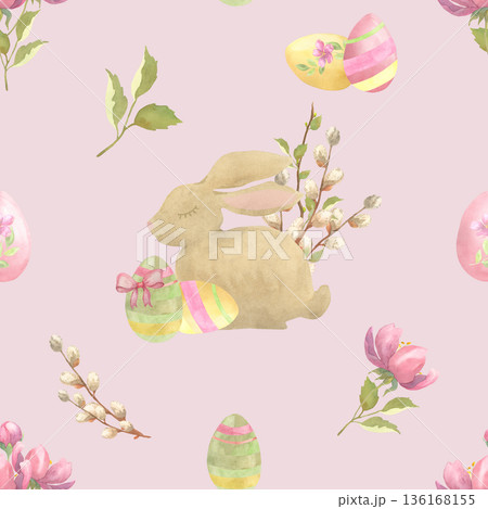 Spring Easter Watercolor Pattern with Eggs, Bunny and Flowers on Pink 136168155