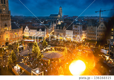 Christmas market decorated and illuminated in Bruges, Belgium. Christmas market decorated and illuminated in Bruges, Belgium. 136168315