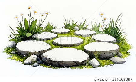 Serene Garden Pathway with Stone Slabs Surrounded by Lush Greenery and Wildflowers Serene Garden Pathway with Stone Slabs Surrounded by Lush Greenery and Wildflowers 136168397
