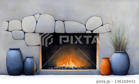 Cozy Fireplace Scene with Stones and Decorative Vases in Warm Color Palette Cozy Fireplace Scene with Stones and Decorative Vases in Warm Color Palette 136168432