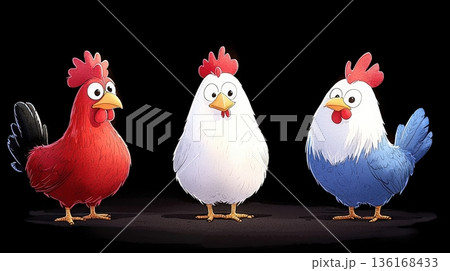 Colorful Cartoon Chickens with Vibrant Feathers and Expressive Faces on Dark Background 136168433