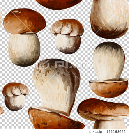 Seamless pattern with porcini mushrooms in various shapes and angles, isolated on a white background. Ideal for packaging, textiles, wallpaper, culinary. Watercolor illustration, hand painted.  136168633