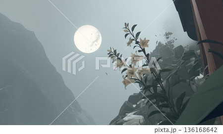 Serene Landscape with Blooming Flowers Under A Bright Moonlight in Misty Mountains 136168642