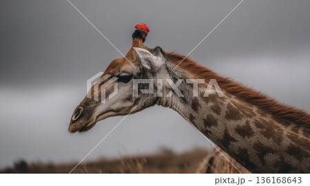 Giraffe Portrait with Red Hat Against Dramatic Cloudy Sky in Natural Environment 136168643