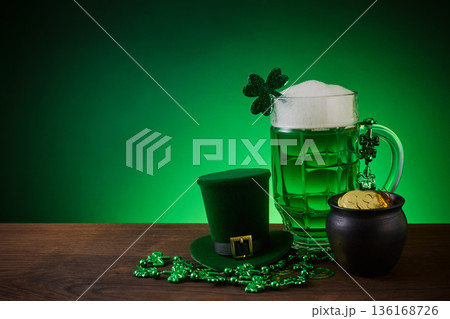 Green beer, leprechaun hat, gold coins for st. Patrick's day celebration Green beer, leprechaun hat, gold coins for st. Patrick's day celebration 136168726