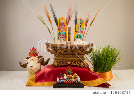Losar tibetan new year traditional chemar offering ritual Losar tibetan new year traditional chemar offering ritual 136168737