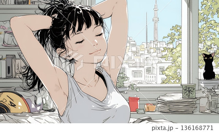 朝の目覚ましを止めて伸びをしている若い女性 136168771