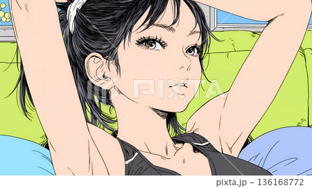 朝の目覚ましを止めて伸びをしている若い女性