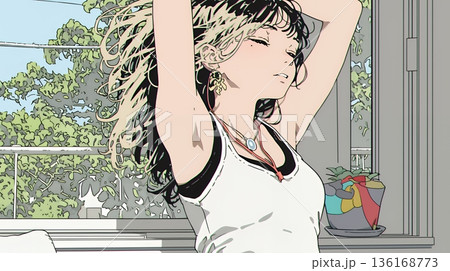 朝の目覚ましを止めて伸びをしている若い女性