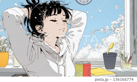 朝の目覚ましを止めて伸びをしている若い女性