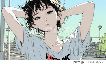 朝の目覚ましを止めて伸びをしている若い女性