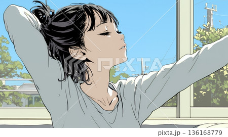 朝の目覚ましを止めて伸びをしている若い女性 136168779