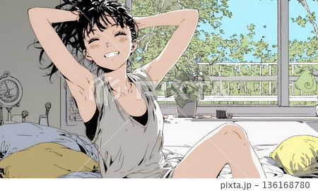 朝の目覚ましを止めて伸びをしている若い女性