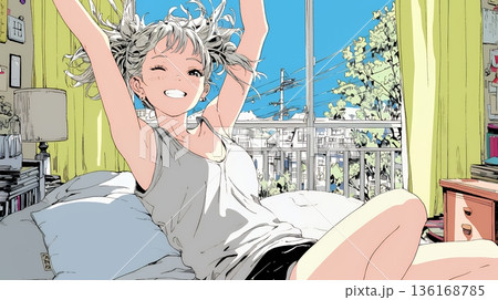 朝の目覚ましを止めて伸びをしている若い女性