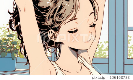 朝の目覚ましを止めて伸びをしている若い女性