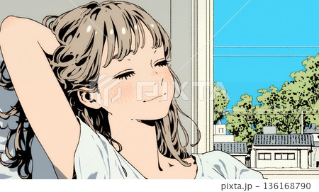 朝の目覚ましを止めて伸びをしている若い女性