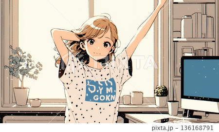 朝の目覚ましを止めて伸びをしている若い女性