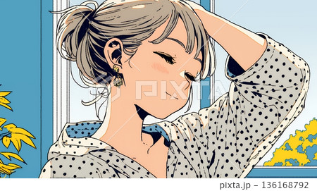 朝の目覚ましを止めて伸びをしている若い女性