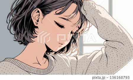 朝の目覚ましを止めて伸びをしている若い女性 136168793