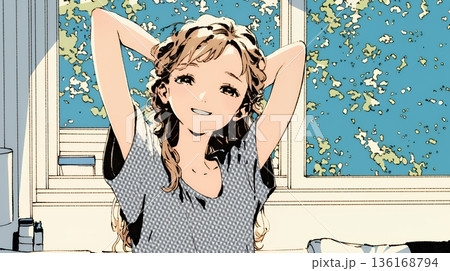 朝の目覚ましを止めて伸びをしている若い女性