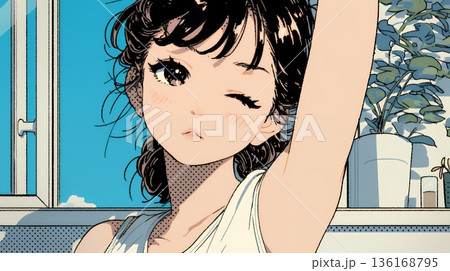 朝の目覚ましを止めて伸びをしている若い女性