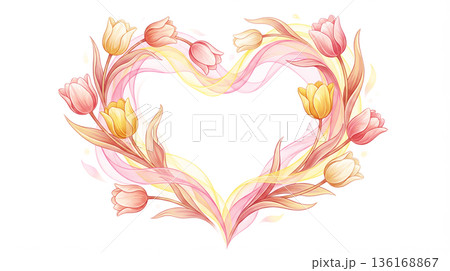 Abstract background with a heart formed by tulle and tulips. Valentine's Day Abstract background with a heart formed by tulle and tulips. Valentine's Day 136168867