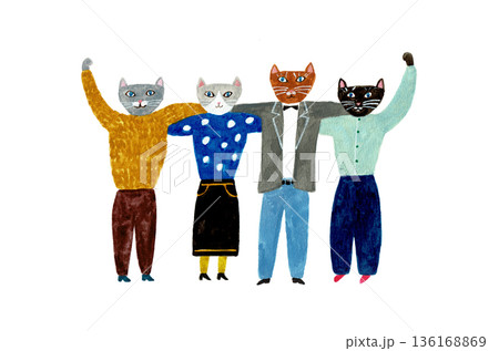 手描きイラスト　なかよく並ぶ猫たちのイラスト 136168869