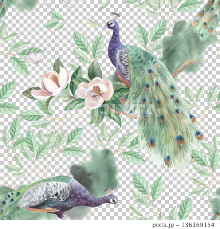 Seamless pattern of blooming magnolia and peacocks. Handmade watercolor illustration. For cards, cover, wallpaper, prints, product labels and fabric. Seamless pattern of blooming magnolia and peacocks. Handmade watercolor illustration. For cards, cover, wallpaper, prints, product labels and fabric. 136169154