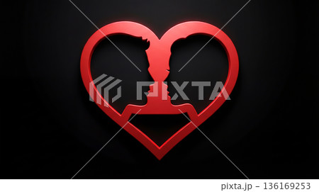 Red heart illustration with profile couple on dark background. Valentine's Day 136169253
