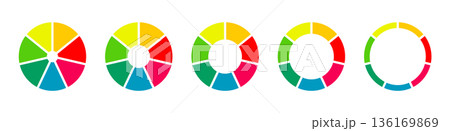 Pies segmented on 7 equal parts. Donut charts. Wheels divided in seven sections. Diagrams infographic multicolored. Pizza chart round icons layout. Circle section graph. Set of loading bar mockups. 136169869