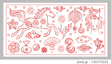 Whimsical Chinese New Year horse set hand draw with lanterns and lucky symbols. Whimsical Chinese New Year horse set hand draw with lanterns and lucky symbols. 136170181