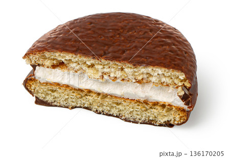 Choco pie halves showing marshmallow and biscuit layers Choco pie halves showing marshmallow and biscuit layers 136170205