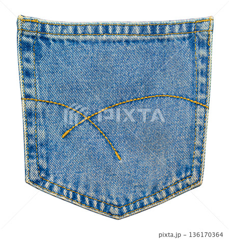 Blue distressed denim jeans pocket with contrasting stitching Blue distressed denim jeans pocket with contrasting stitching 136170364