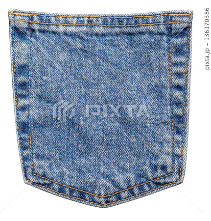 Blue jeans denim pocket with orange stitching 136170386